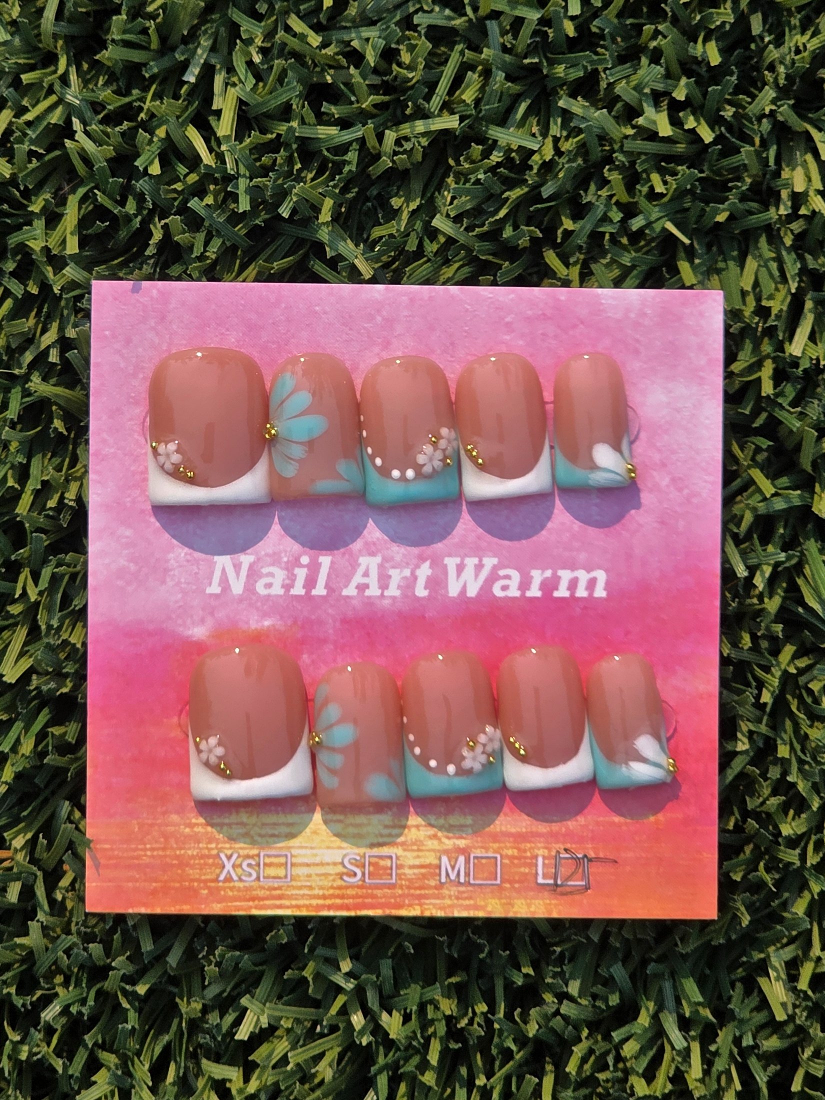Teal and white frenchie Press-On Nails - Size L