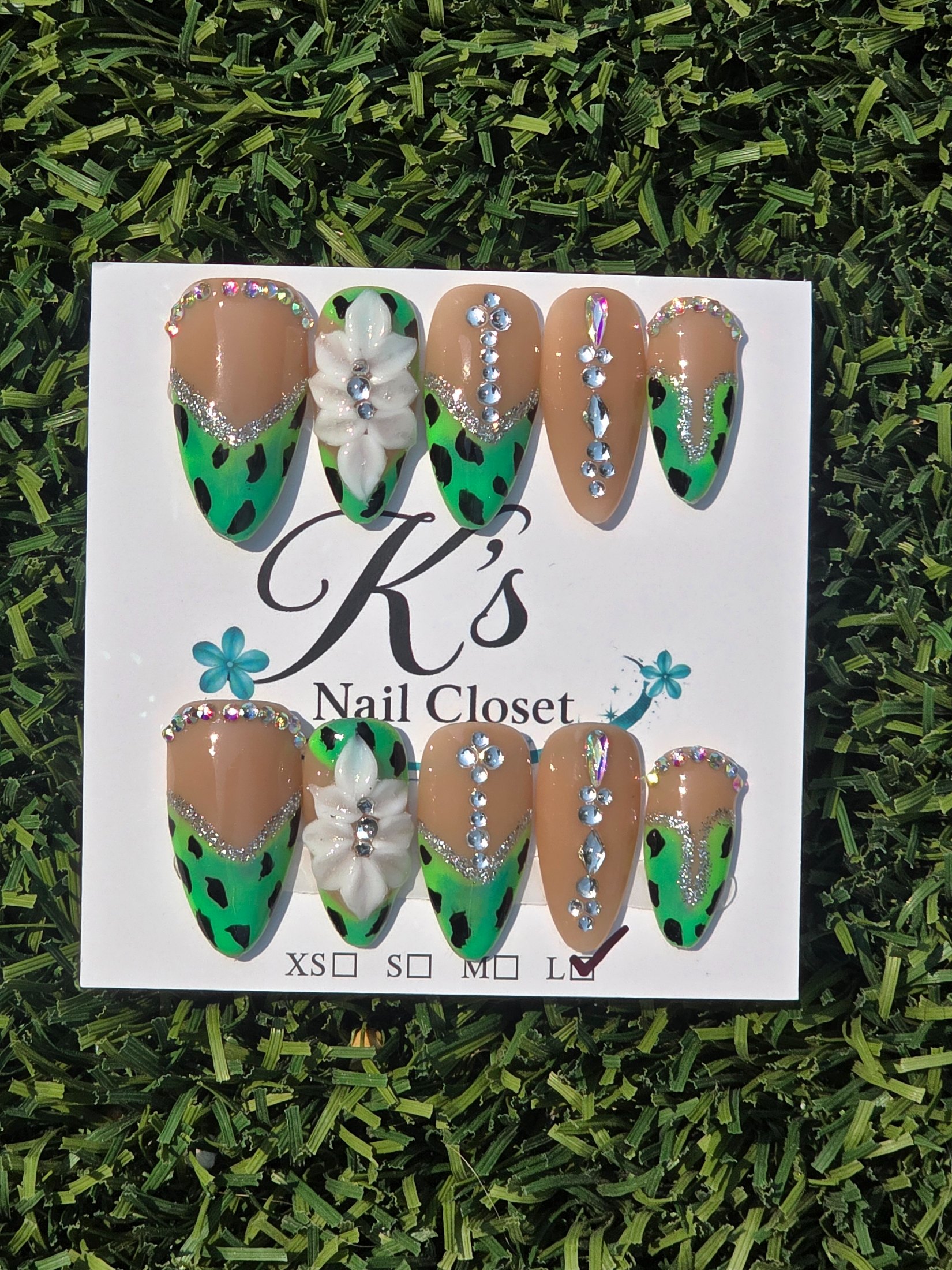 Green animal print w/ bling Press-On Nails - Size L