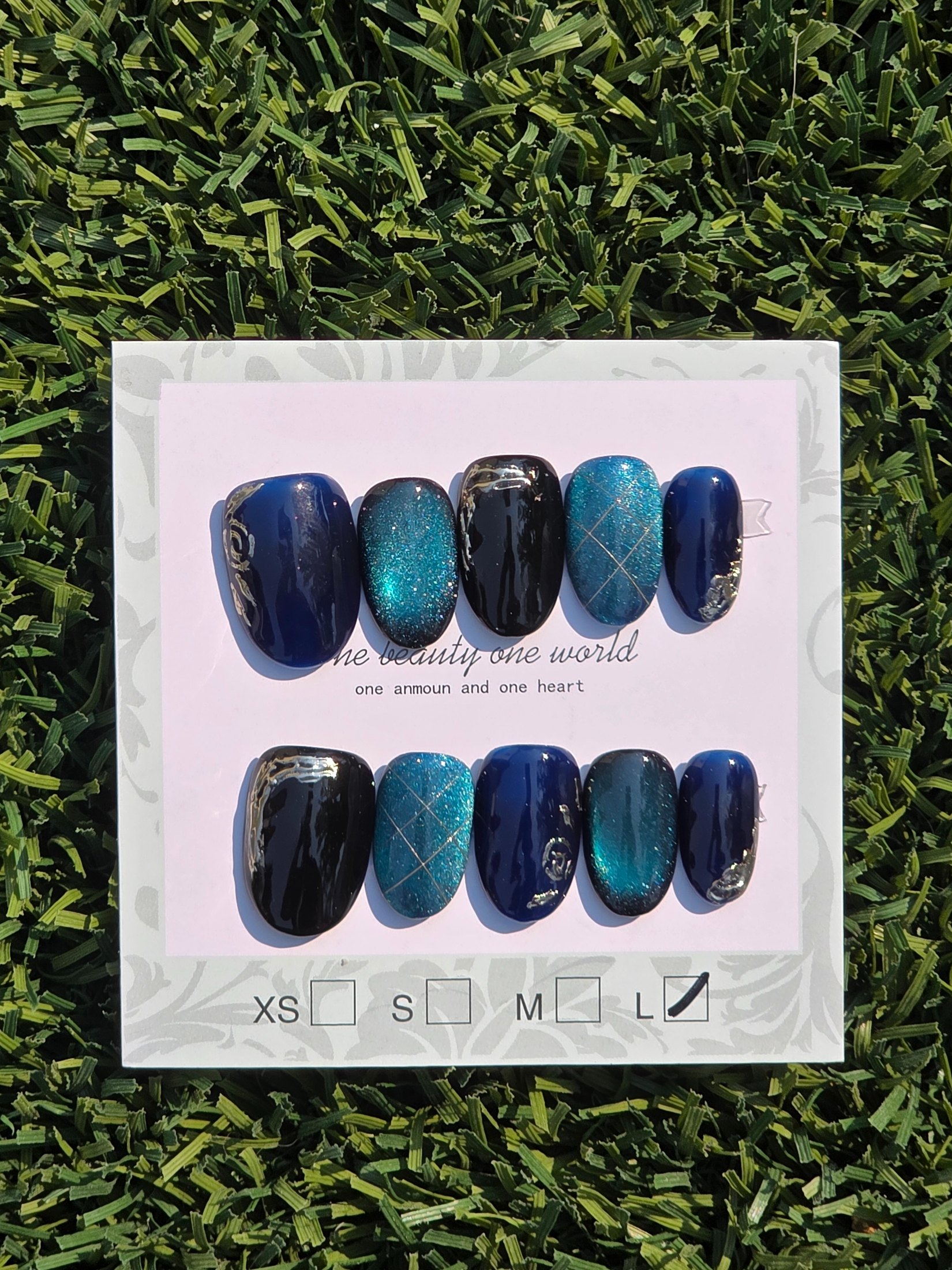 Blue cateye w/ black Press-On Nails - Size L