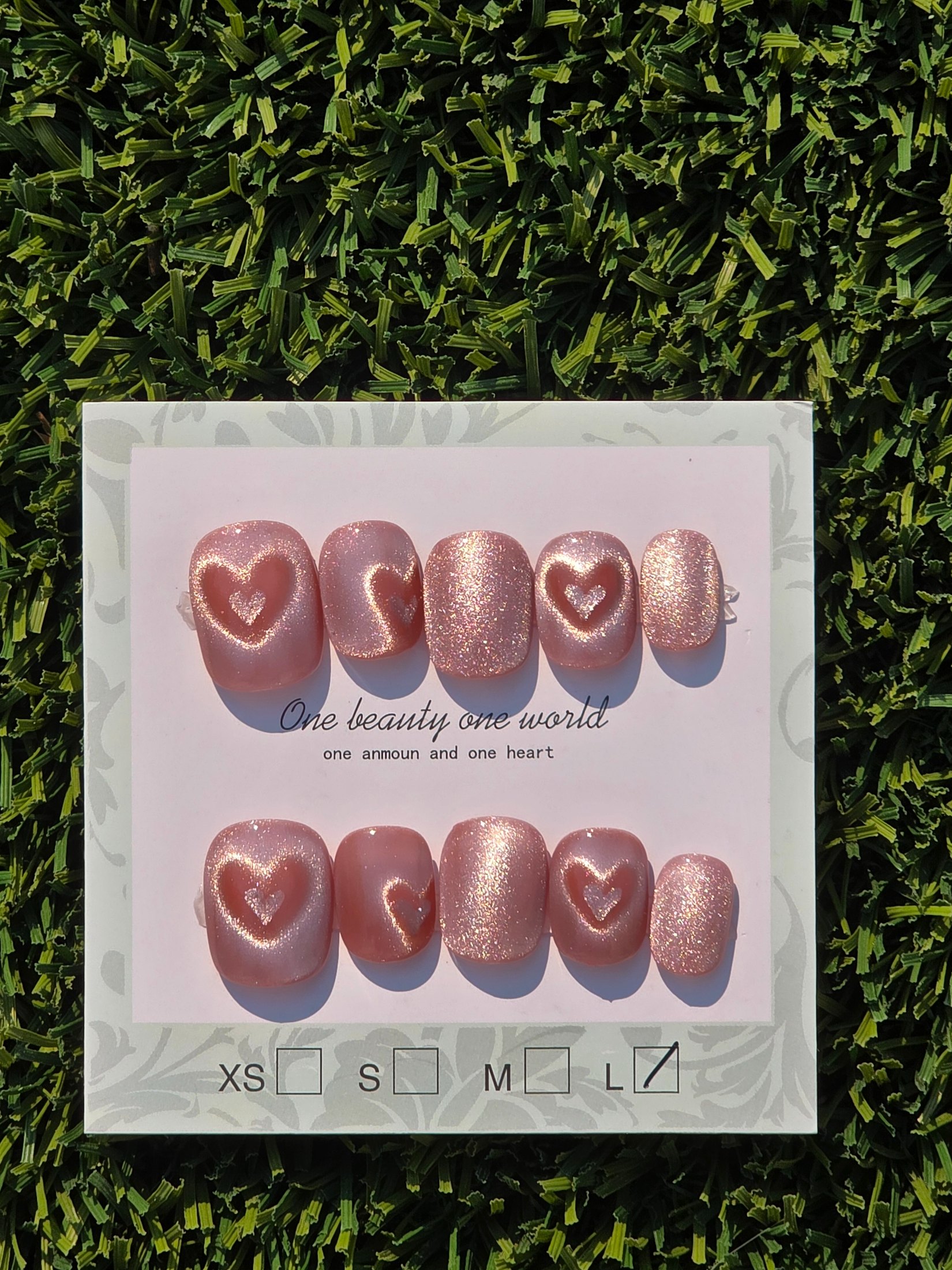 Pink cateye w/ heart Press-On Nails - Size L