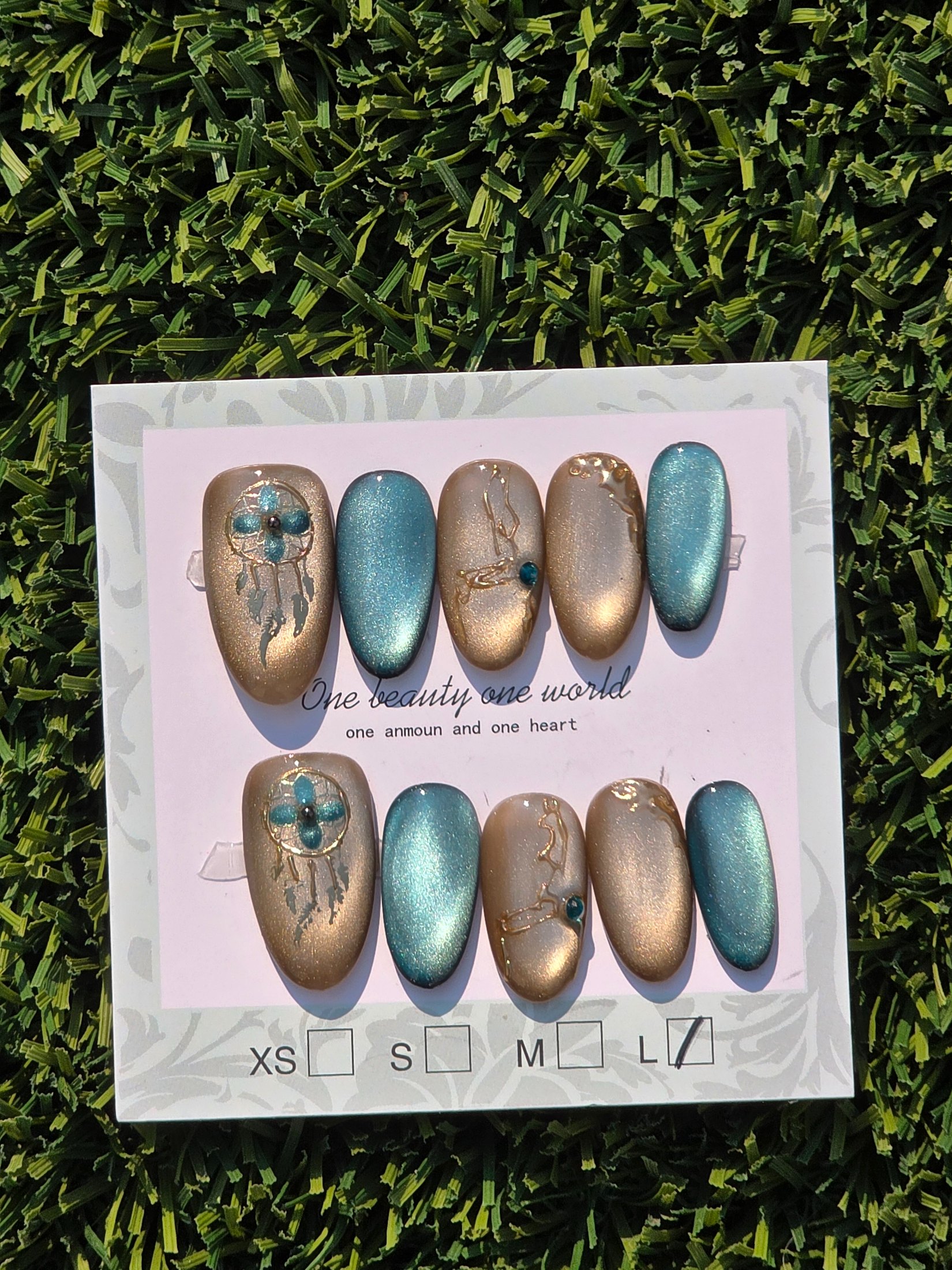 Blue and tan cateye Press-On Nails - Size L