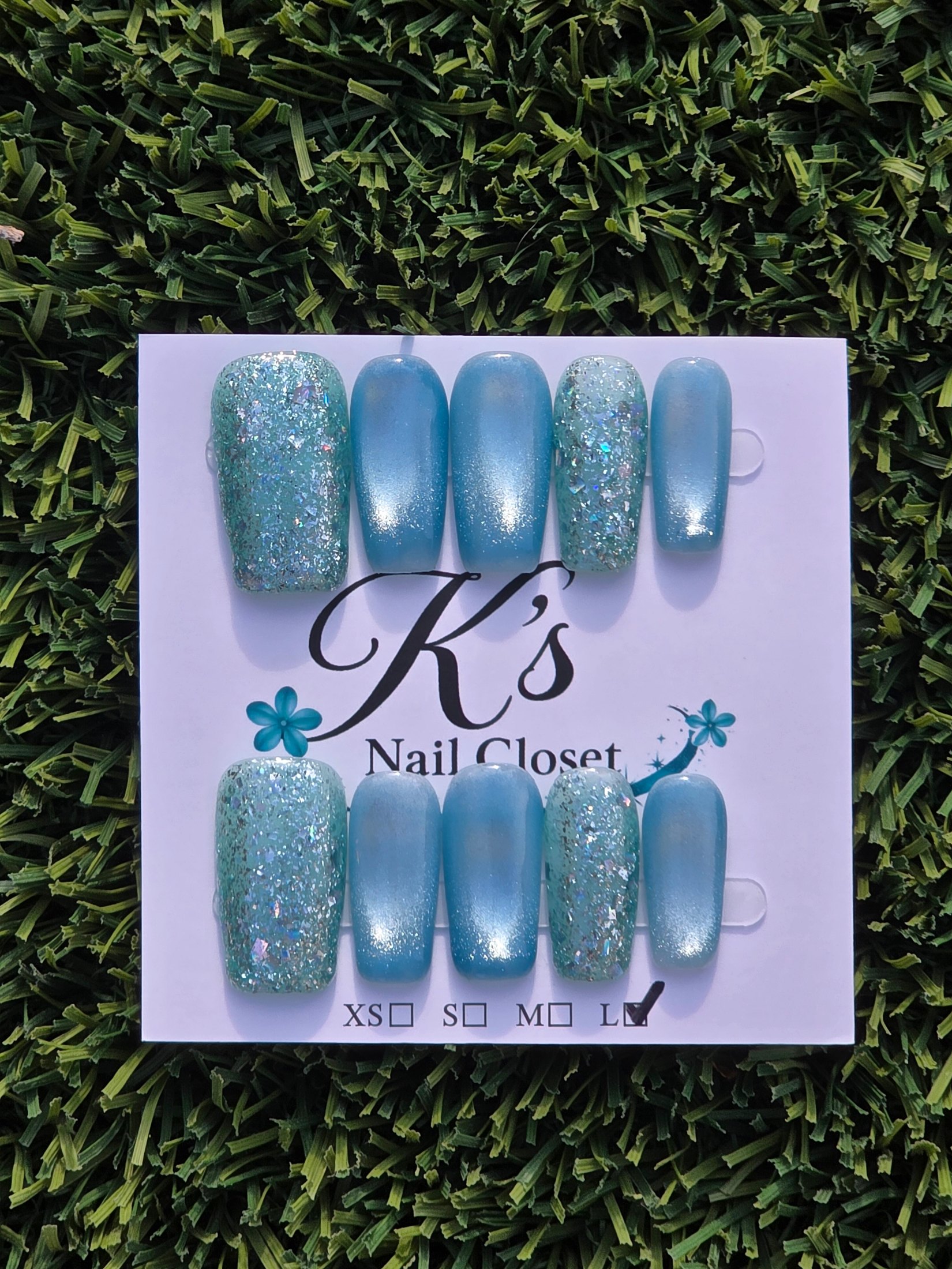 Blue cateye & blue sparkle Press-On Nails - Size L