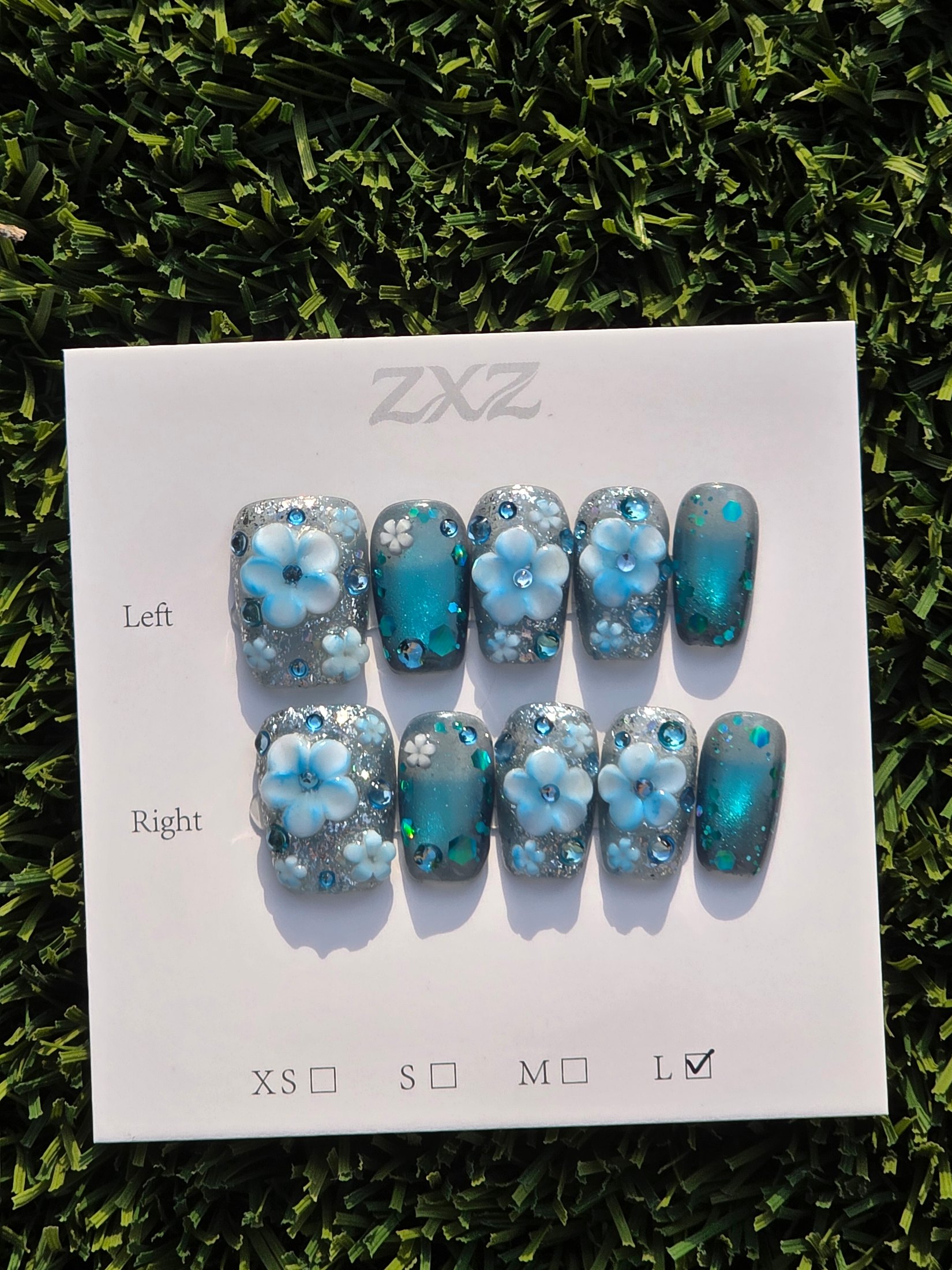 Blue cateye w/ blue flowers Press-On Nails - Size L