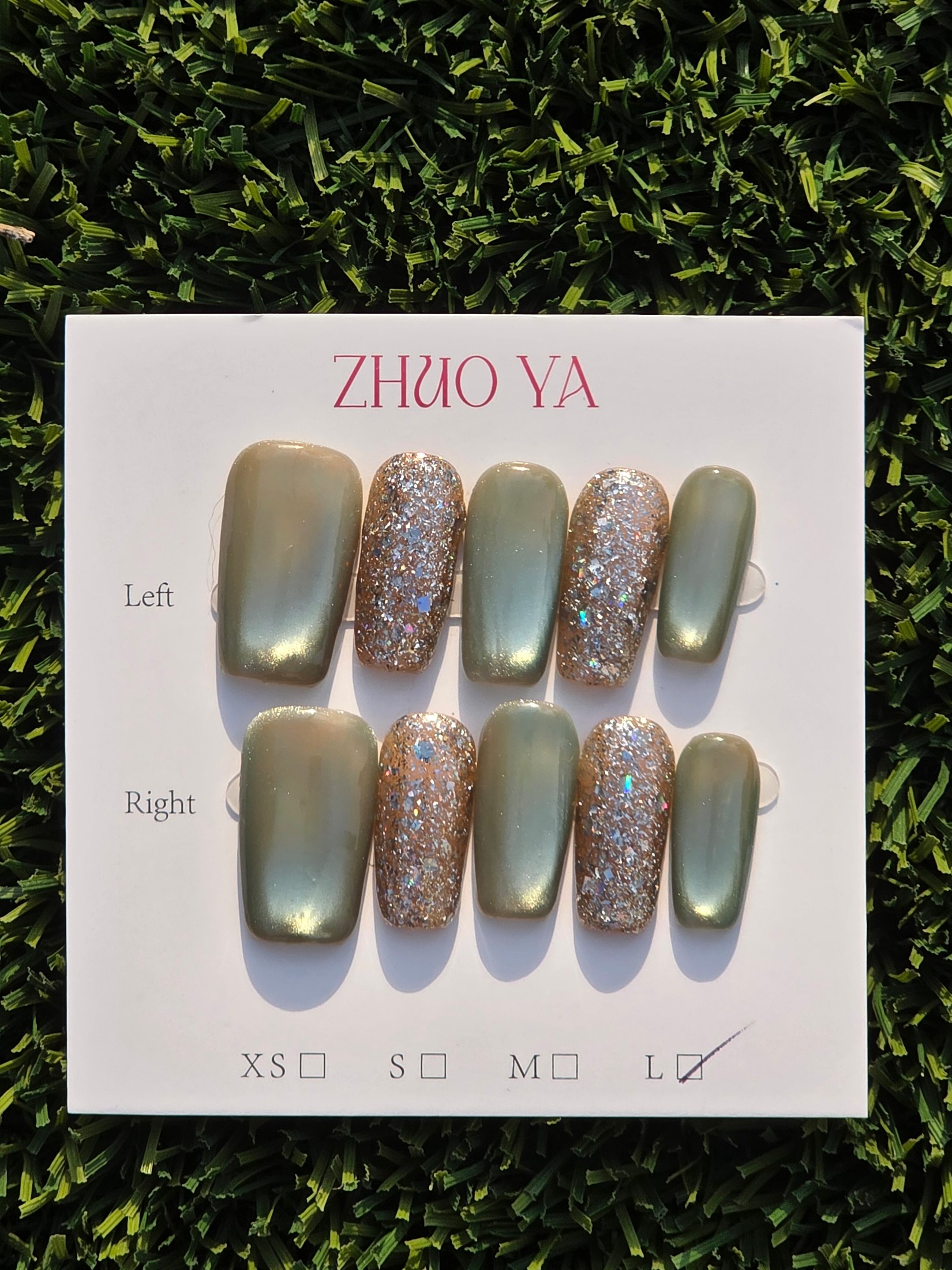 Beige cateye w/ beige sparkle Press-On Nails - Size L