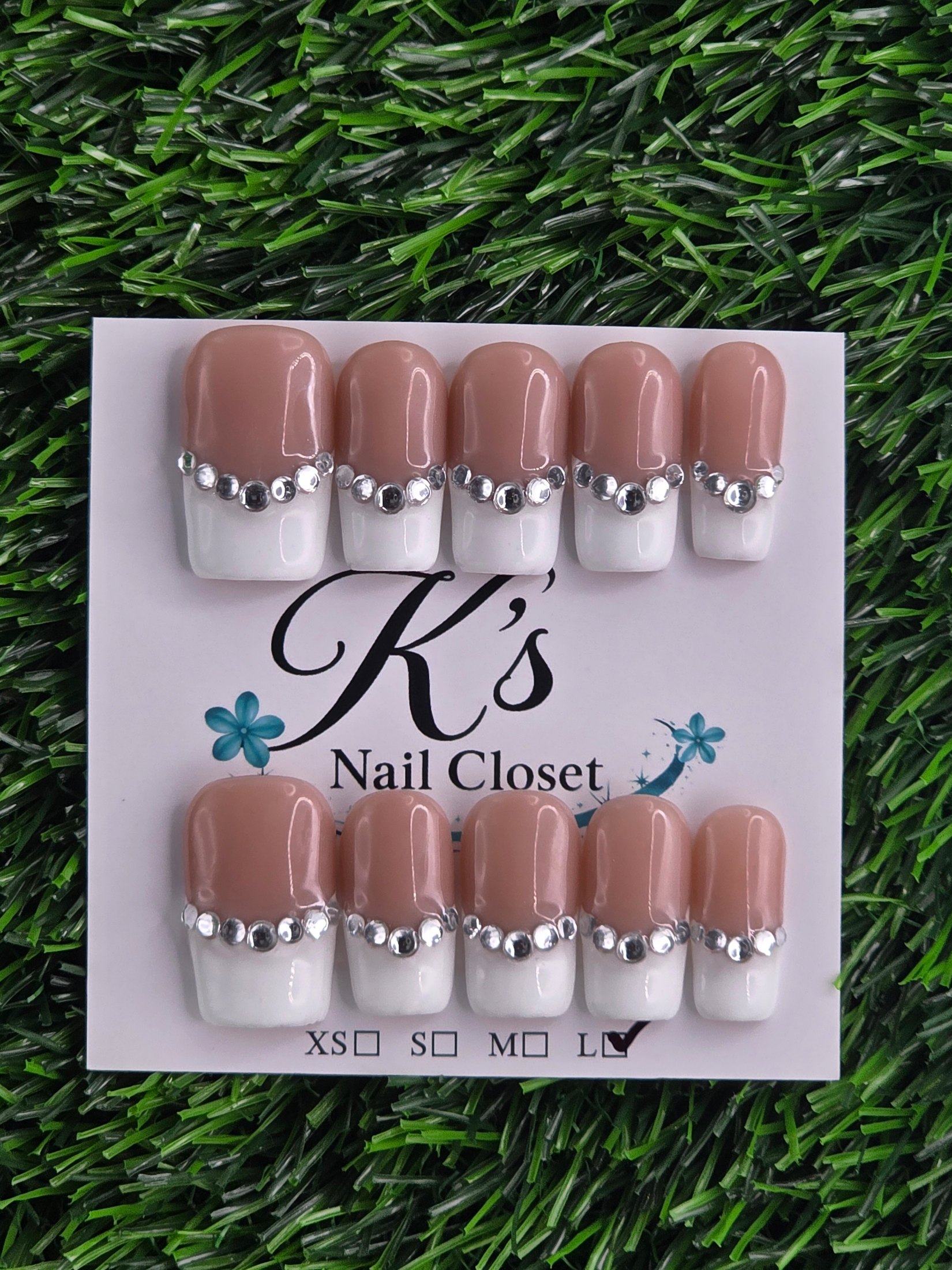 White Frenchie w/ Rhinestones Press-On Nails - Size L