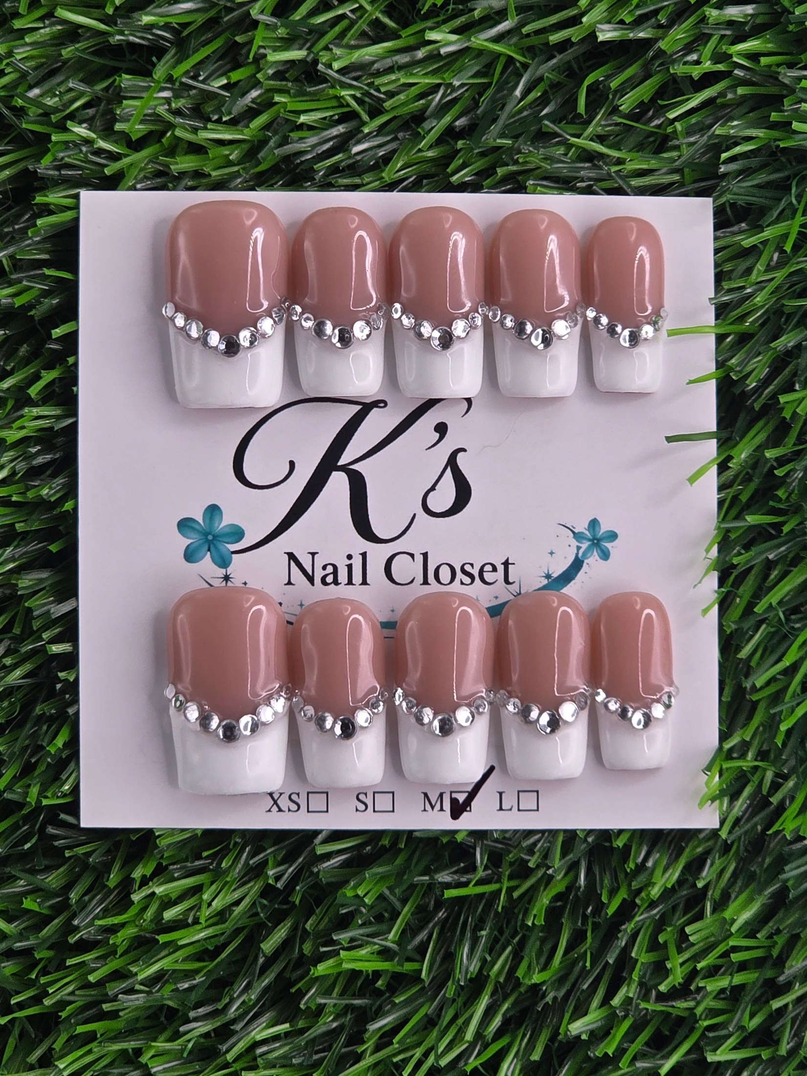 White Frenchie w/ Rhinestones Press-On Nails - Size M