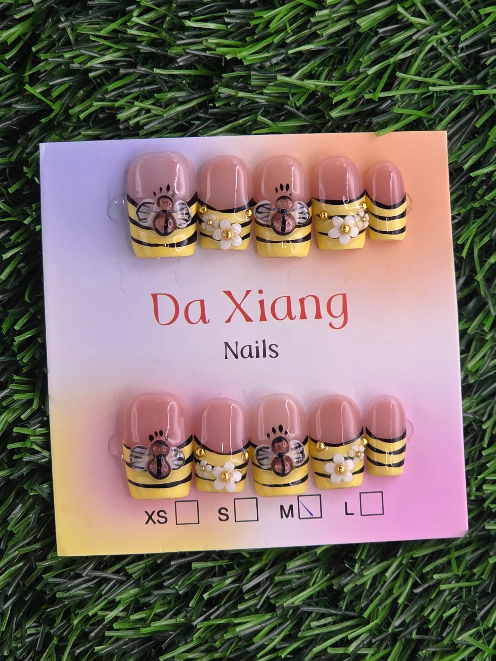 Yellow Frenchie w/ Bee Press-On Nails - Size M