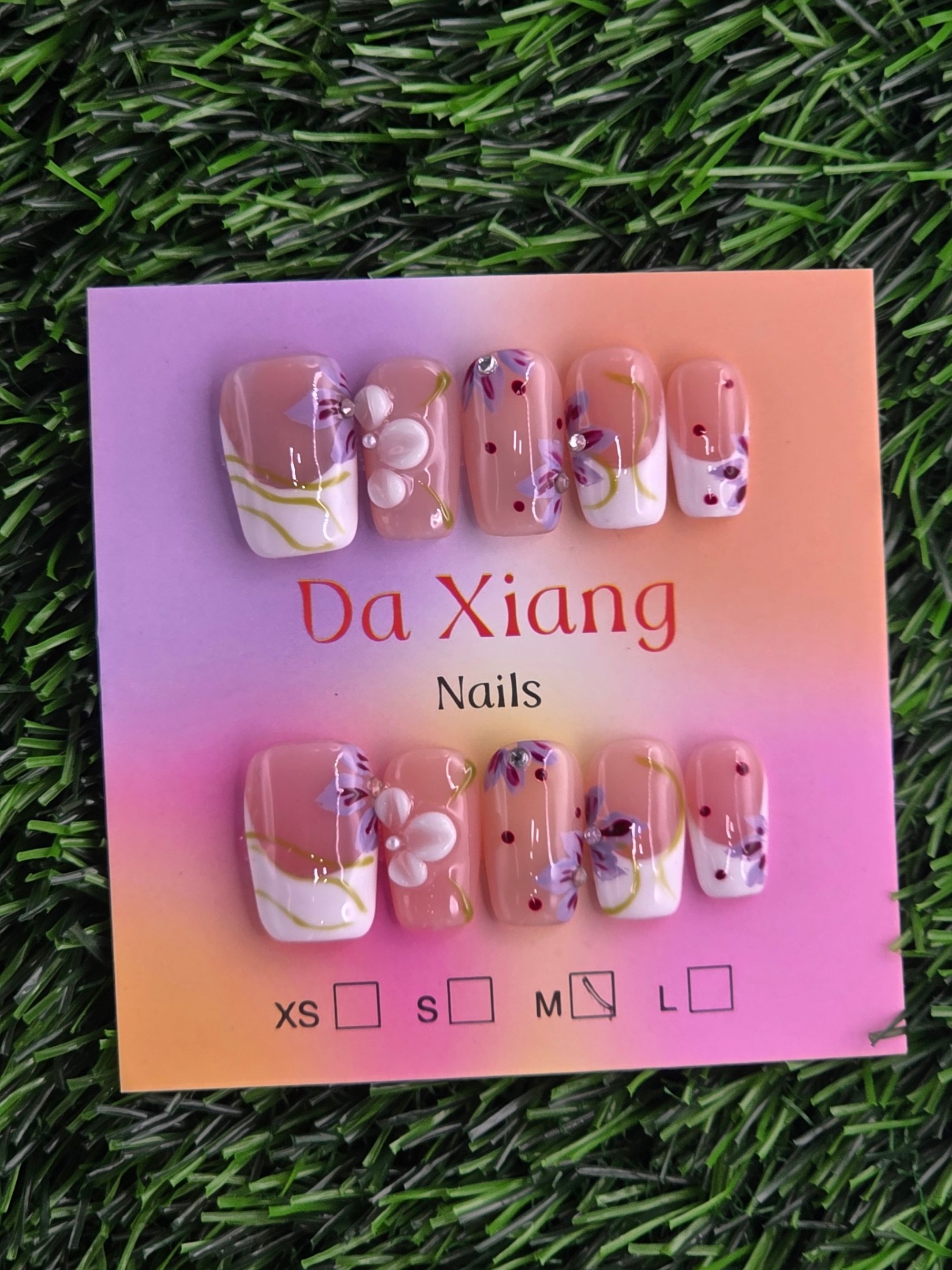 White Frenchie w/ Purple Flowers Press-On Nails - Size M