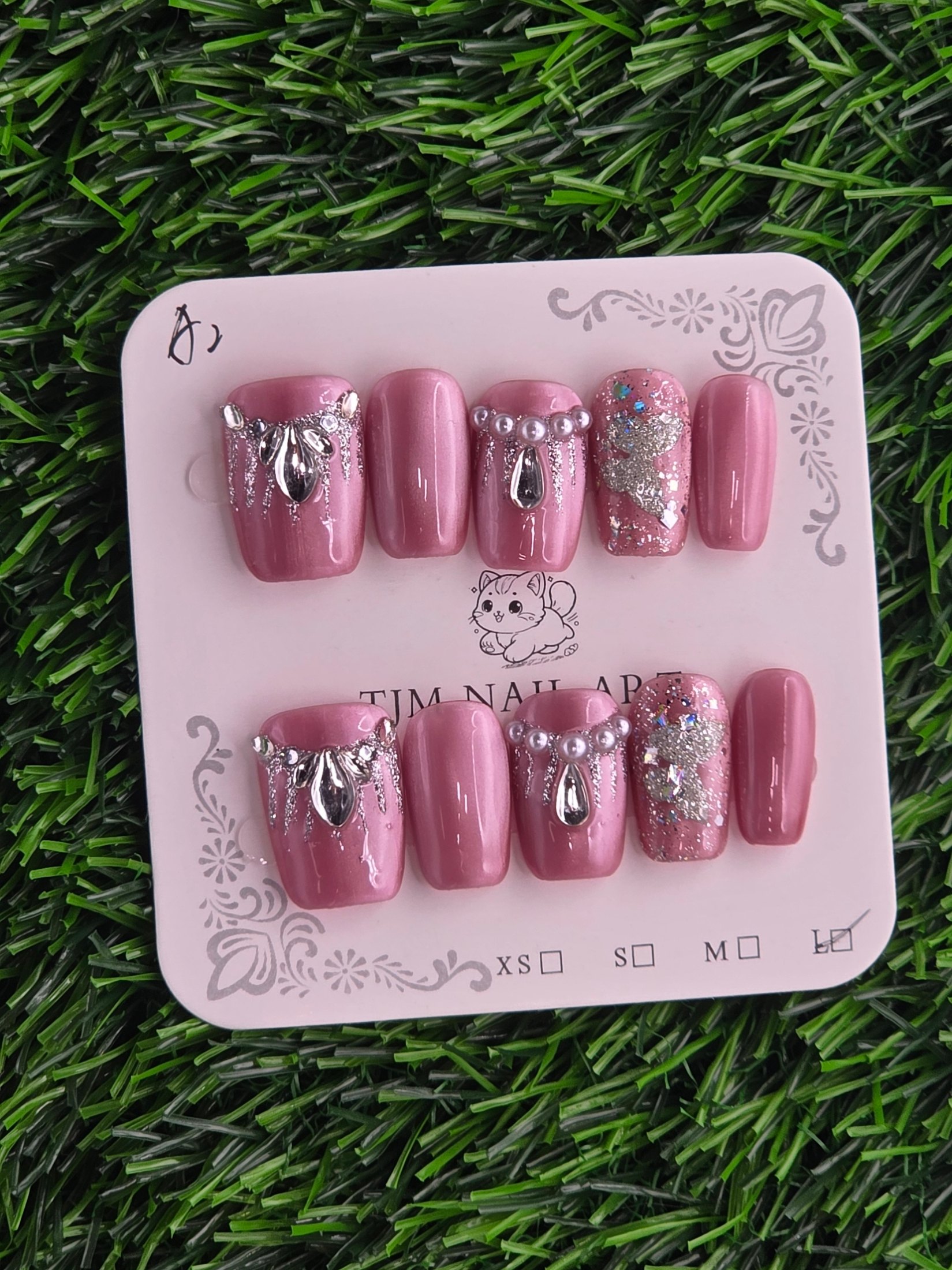 Pink Cateye w/ Gems Press-On Nails - Size L