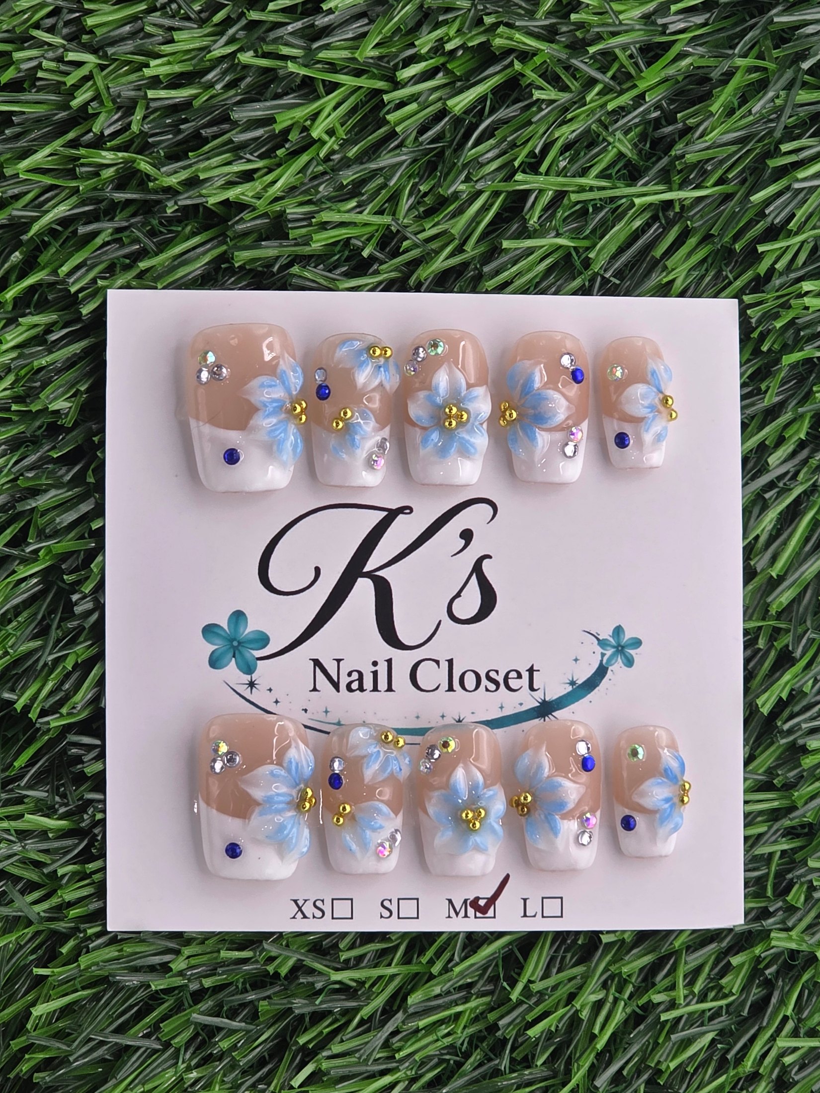 White Frenchie w/ Blue Flowers Press-On Nails - Size M