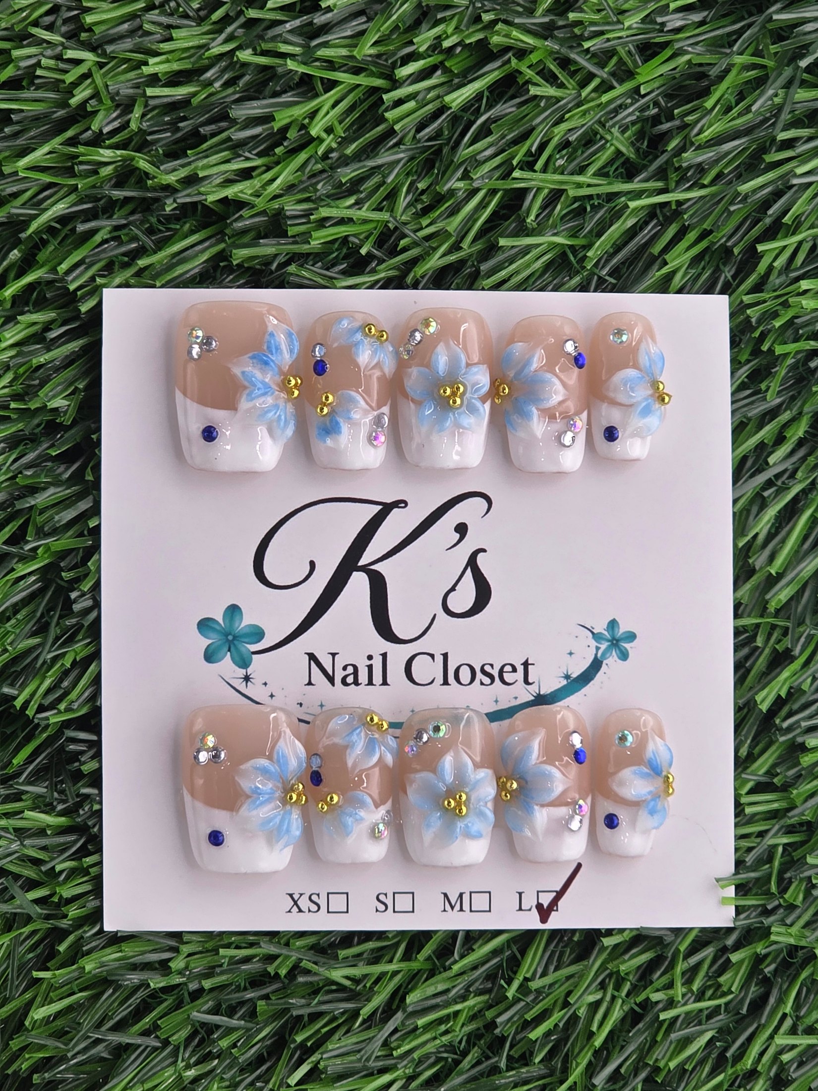 White Frenchie w/ Blue Flowers Press-On Nails - Size L