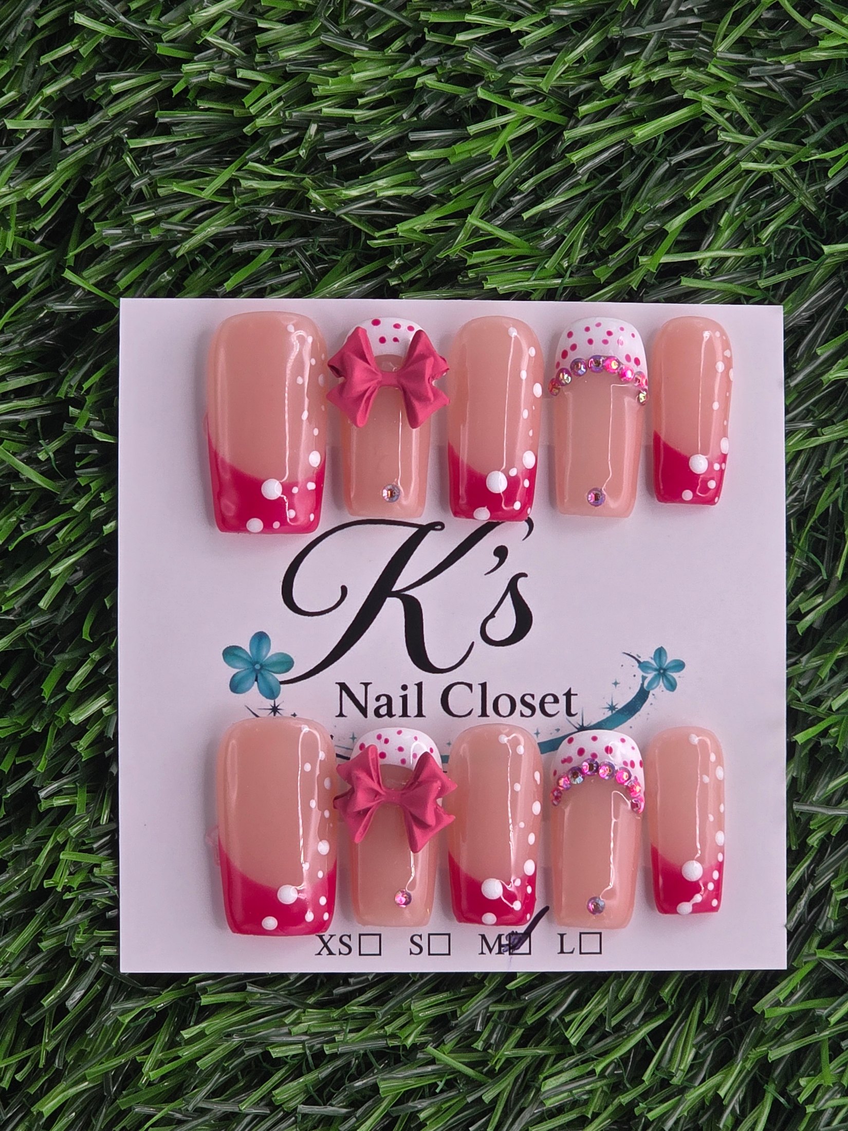 Pink Polka w/ Bow Press-On Nails - Size M
