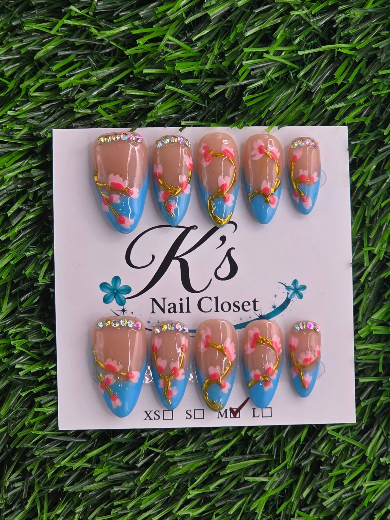 Blue Frenchie w/ Flowers Press-On Nails - Size M