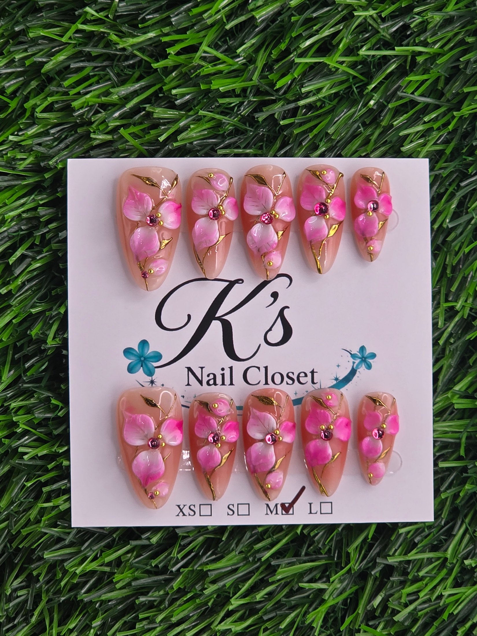 Pink Flowers w/ Gold Press-On Nails - Size M