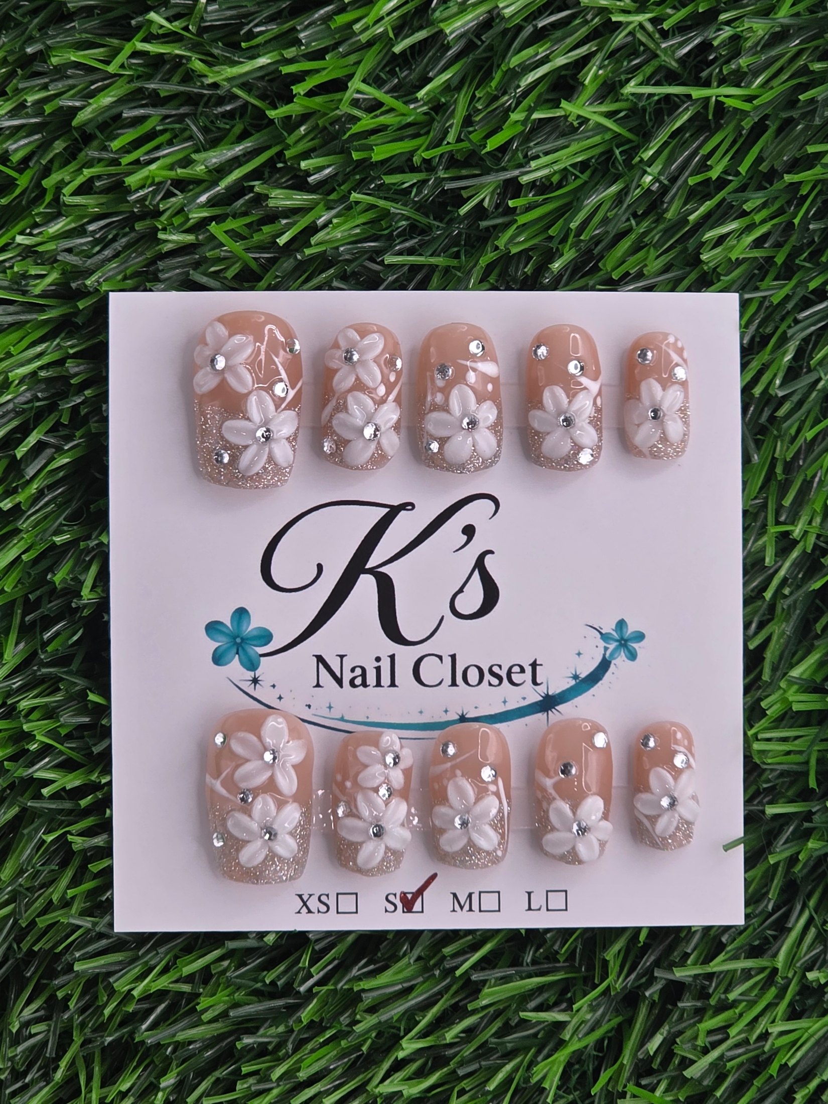 Silver Glitter Frenchie w/ Flowers Press-On Nails - Size S