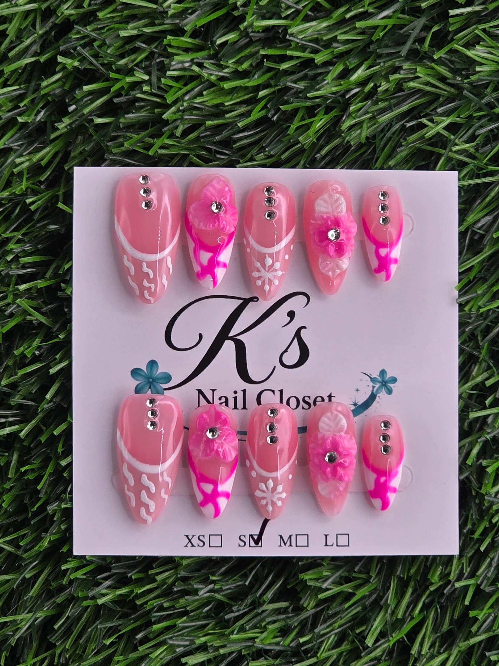 Pink and White Frenchie Press-On Nails - Size S
