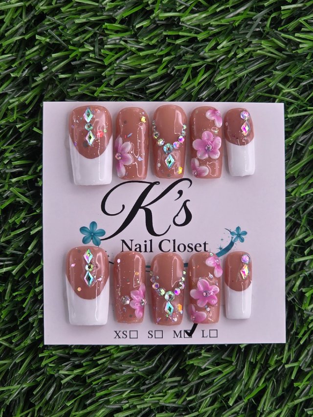 White Frenchie w/ Bling and Pink Flowers