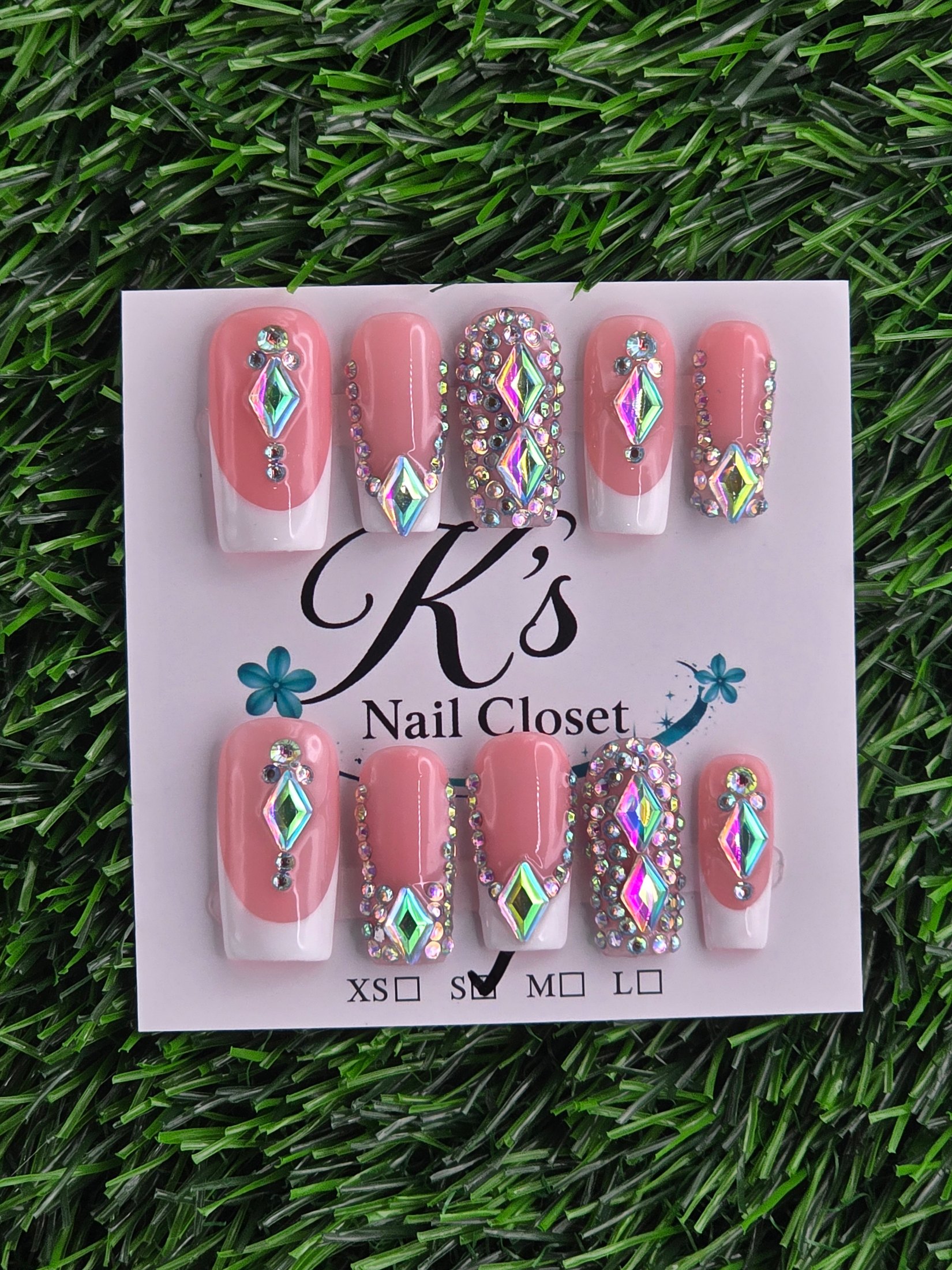 White Frenchie w/ Bling Press-On Nails - Size S