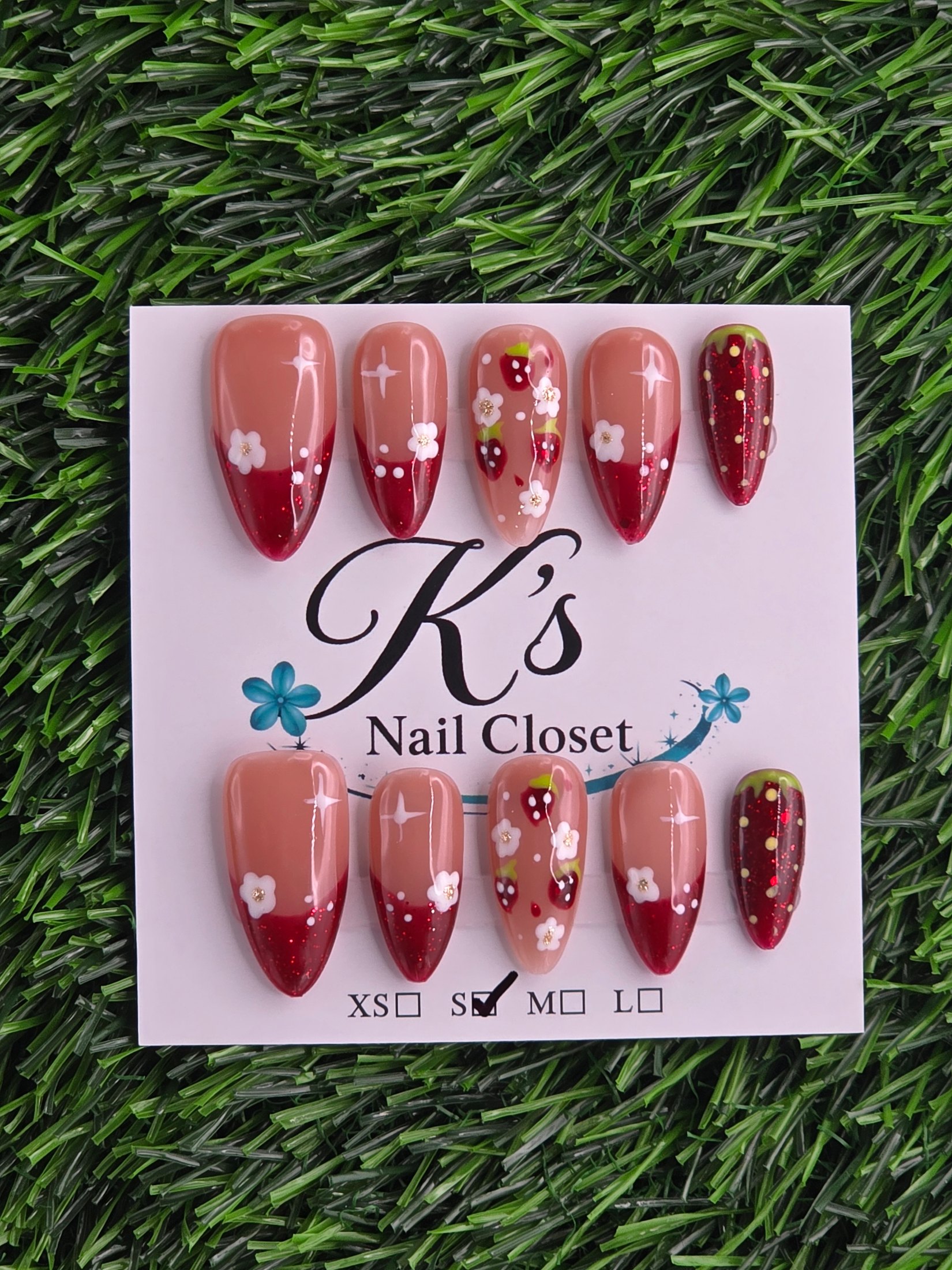 Red Frenchie w/ Strawberries Press-On Nails - Size S