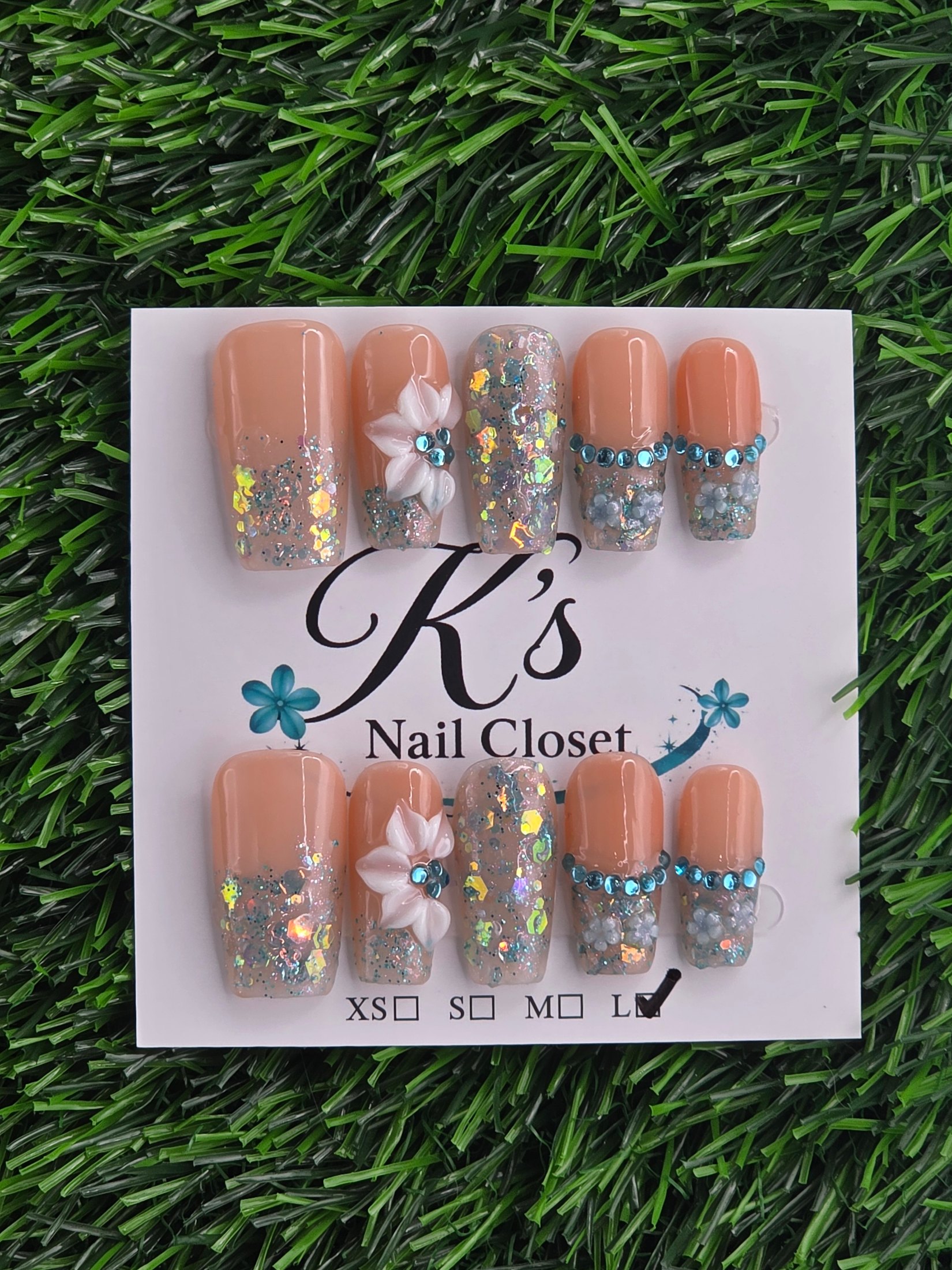 Teal Glitter Frenchie Press-On Nails - Size L