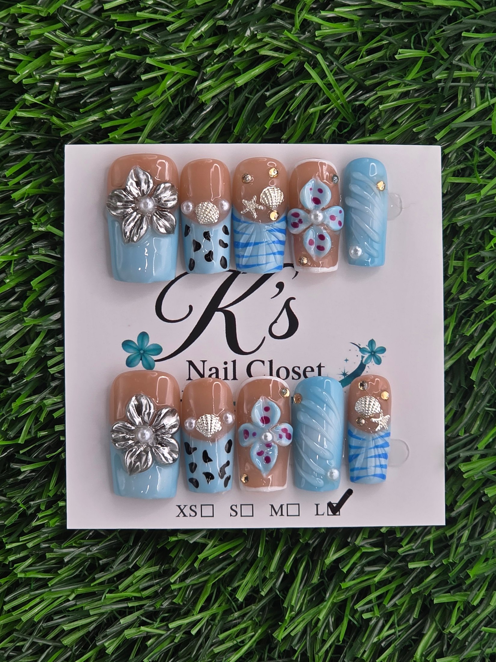 Blue Frenchie w/ Silver Press-On Nails - Size L