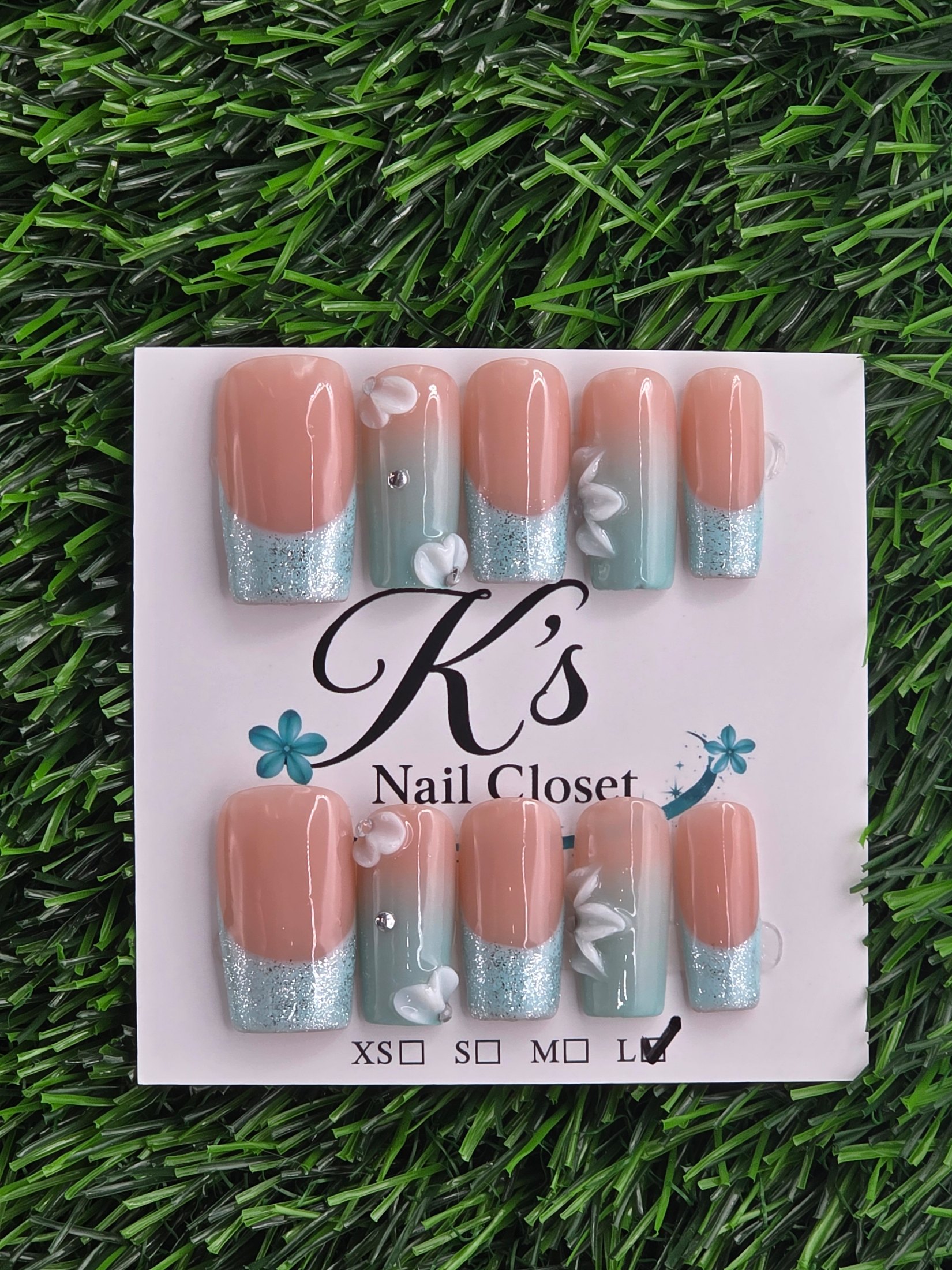 Blue Frenchie w/ Glitter Press-On Nails - Size L