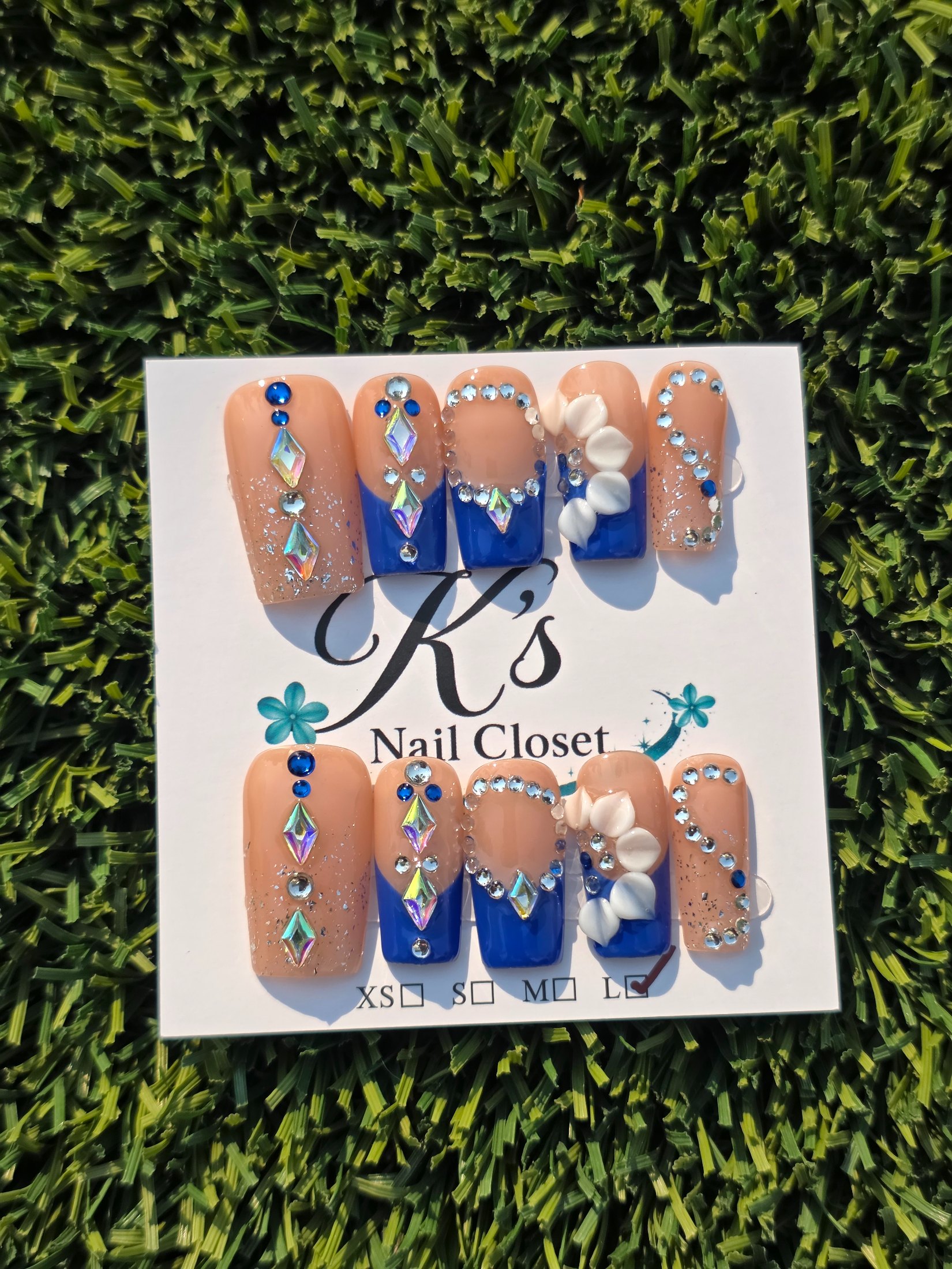 Blue frenchie w/ bling Press-On Nails - Size L