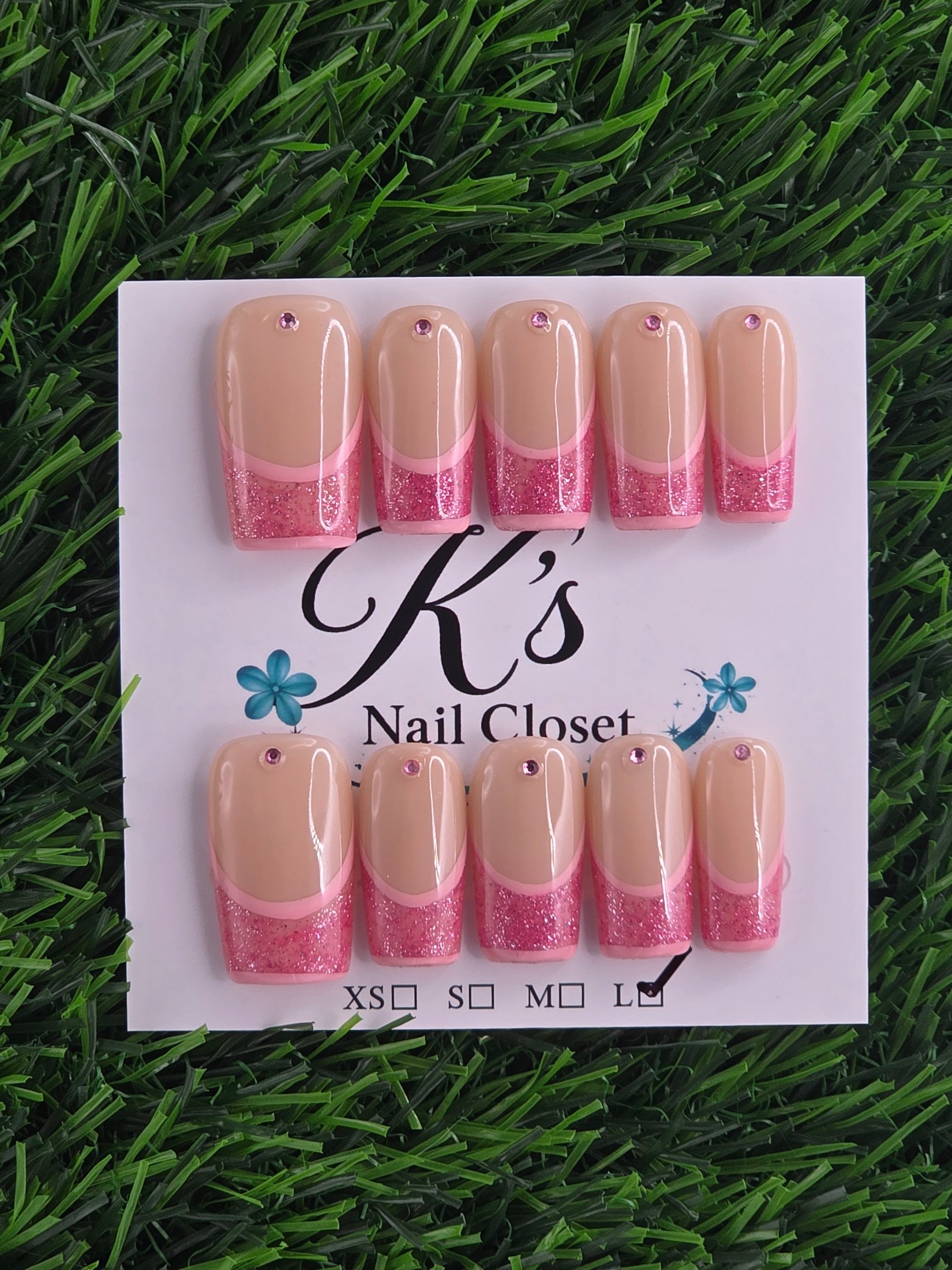 Pink Frenchie w/ Glitter Press-On Nails - Size M, L