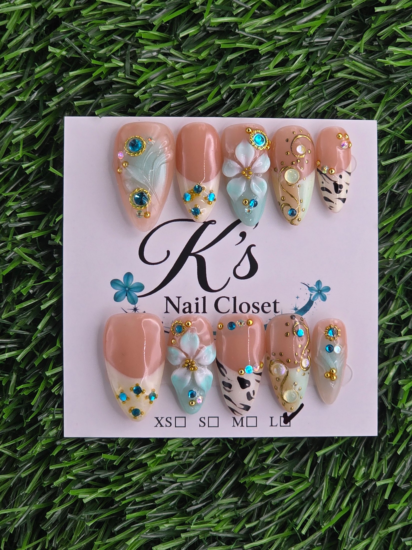 Animal Print and Teal Gems Press-On Nails - Size L