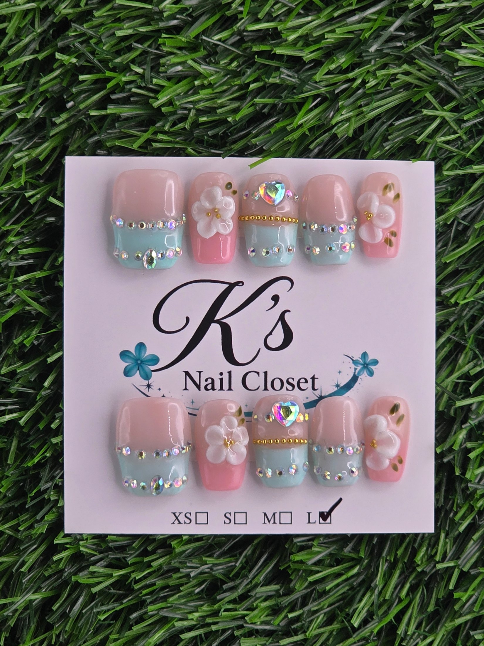 Pink and Teal Frenchie Press-On Nails - Size L