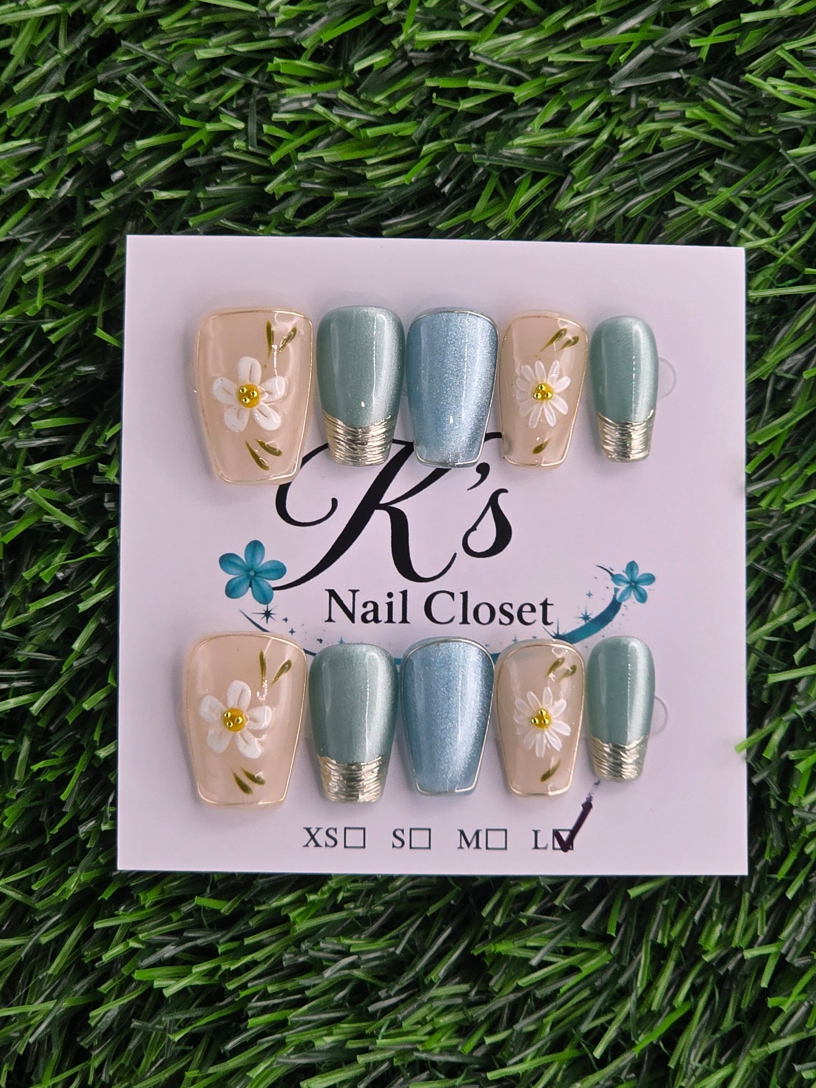 Blue Cateye w/ Flowers Press-On Nails - Size L