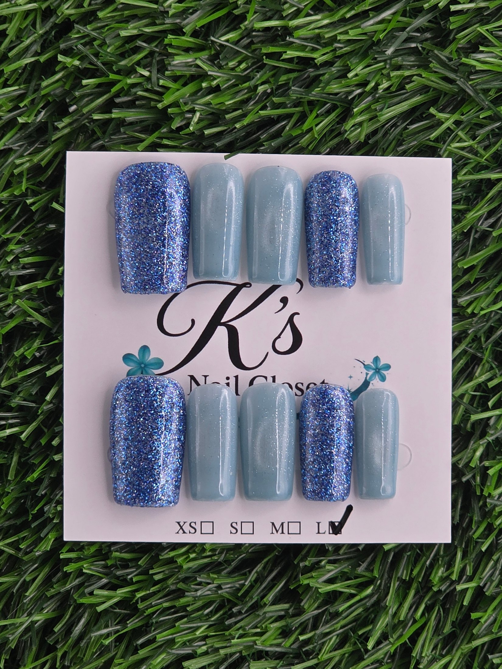 Light Blue Cateye and Blue Glitter Press-On Nails - Size L