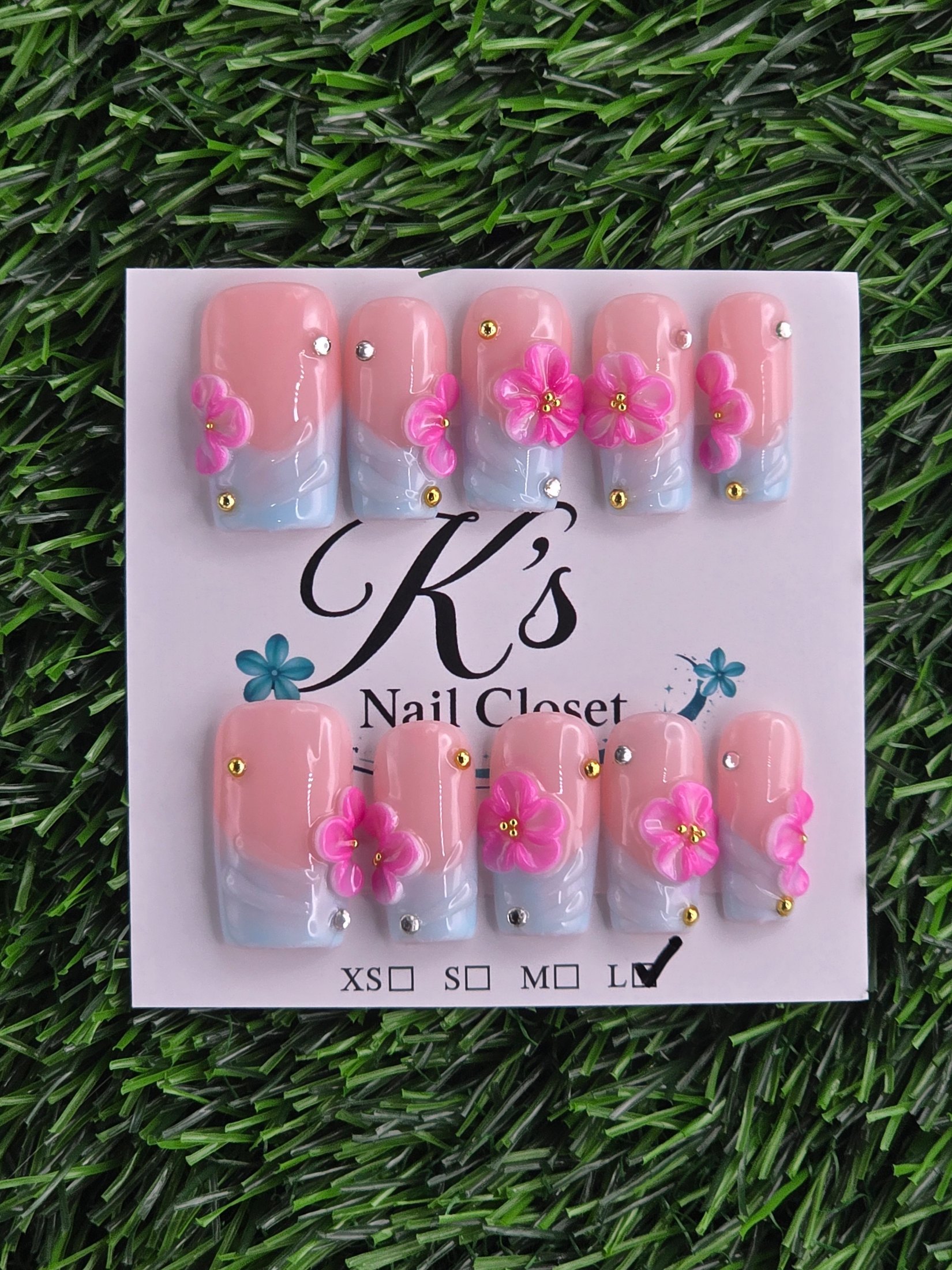 Light Blue Frenchie w/ Pink Flowers Press-On Nails - Size L